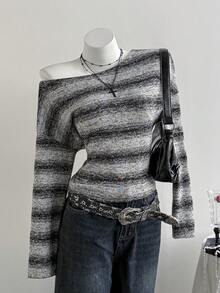 Elamini Áo len dệt kim kẻ sọc nhuộm đen xám, cổ vai bất đối xứng, tay dài, dáng ôm, dành cho nữ, Thu/Đông, Thời trang, Đi làm, Tối giản, Cổ điển, Học thuật, Tốt nghiệp, Trở lại trường, Hàng ngày, Đa năng, Hẹn hò - màu đen - Xem 1