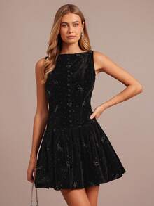 Enchnt Rochie mini elegantă pentru femei, cu un singur rând de nasturi și volane, fără mâneci, cu imprimeu de strasuri - Negru - Vizualizare 5