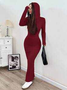 SHEIN EZwear 女士酒红色连帽抽绳腰身修身长袖针织连衣裙，可叠穿，秋冬季 - 玫瑰紅 - 查看 5