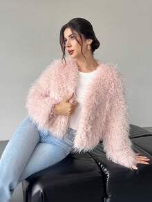 Firerie Abrigo corto de manga larga con cierre de gancho frontal en cuello en V de color rosa para mujer, forrado, abrigo exterior rosa romántico y glamoroso, abrigo de pelo suave, apto para boda, fiesta, vacaciones, primavera, otoño e invierno, elegante, para ir al trabajo, citas, fiestas, graduación, actuaciones, conciertos y galas anuales - Rosa Pálido - Ver 4