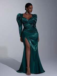 Elitara Plus Size Elegant Dark Green Stretch Satin Mermaid Dress,Spring Formal Evening Prom Gown With Puff Sleeve,Mandarin Collar,Side Slit & Mini Train - Dark Green - View 3