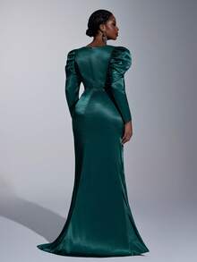 Elitara Plus Size Elegant Dark Green Stretch Satin Mermaid Dress,Spring Formal Evening Prom Gown With Puff Sleeve,Mandarin Collar,Side Slit & Mini Train - Dark Green - View 4