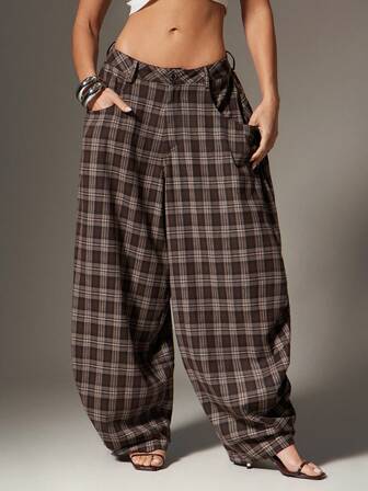 Denimoi Pantalones de pierna de barril con estampado de cuadros a cuadros, pantalones de declaración de moda