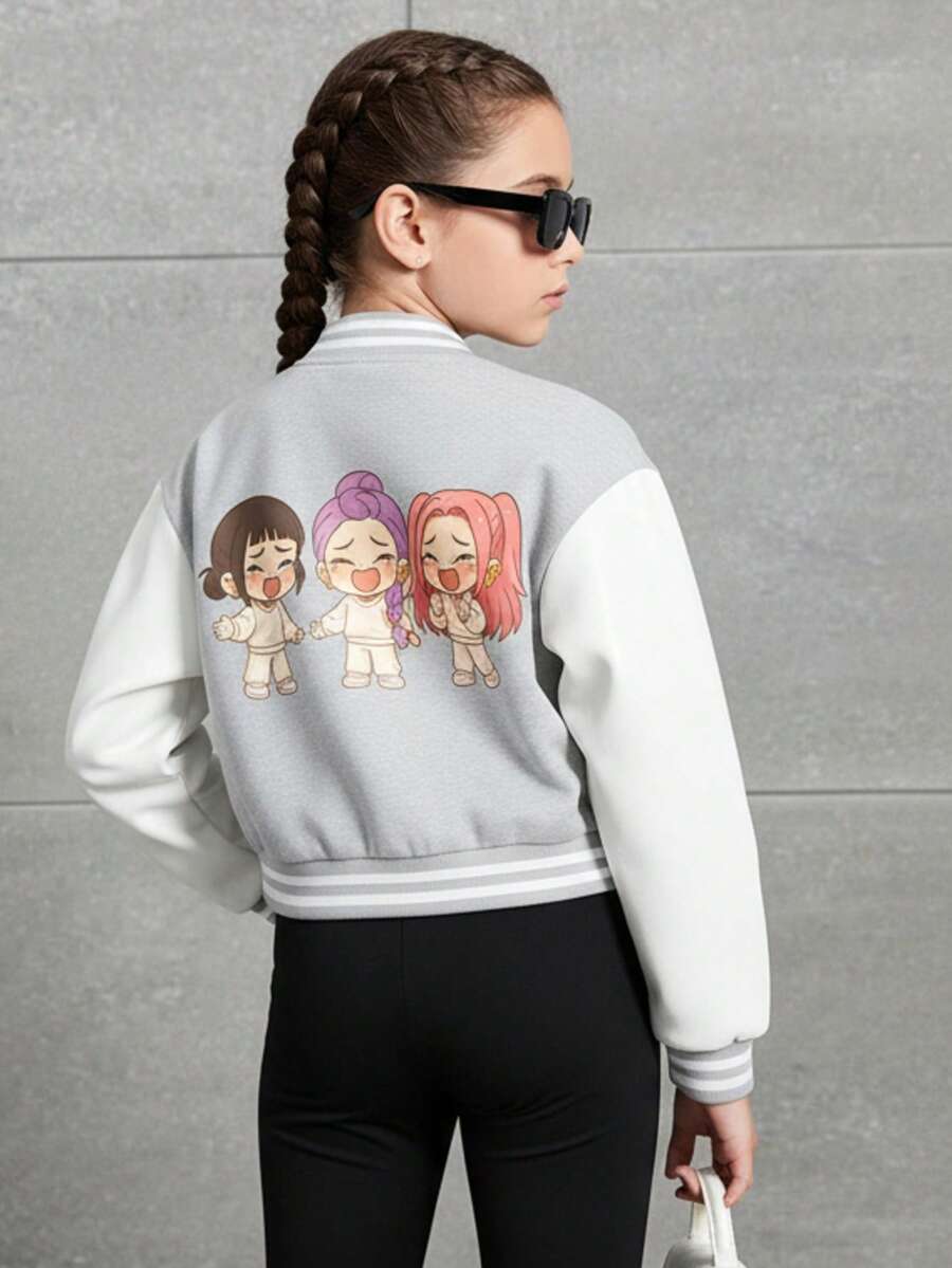 Chaqueta de béisbol universitaria para niña con estampado de dibujos animados anime kpop Rumi Mira Zoey, estilo bomber juvenil informal con botones. - Gris - Ver 1