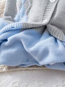 SHEIN Baby Boy Clothing Cute Blue Autumn Birthday One-Piece Crawling Suit,Diamond Pattern Long-Sleeved Knitted Sweater Romper For Parties,Christmas,Soft - Blue - View 10