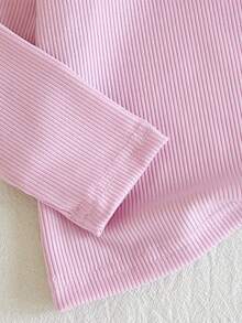 SHEIN Playful Pals 女婴幼儿0-3岁休闲百搭简约甜美白色纯色弹力罗纹针织长袖T恤上衣，优雅荷叶领套头衫，可叠穿或单穿，四季皆宜 - 淡紫色 - 查看 6