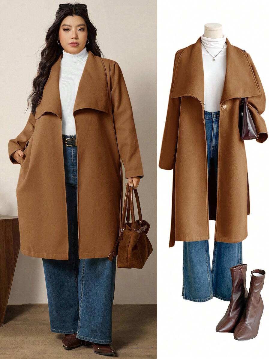 SHEIN LUNE Plus Size Solid Color Minimalist Long Sleeve Woolen Sweater, Everyday Wear/Winter - Brown - View 1
