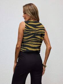 Shutterstock Glamance Shiny Sequin Zebra Print Sleeveless V-Neck Party Top For Women, New Year Sleeveless Animal Print Top Zebra Print Top Gold Zebra Print Top Zebra Print V-Neck Top Tiger Print Top - Multicolor - View 2