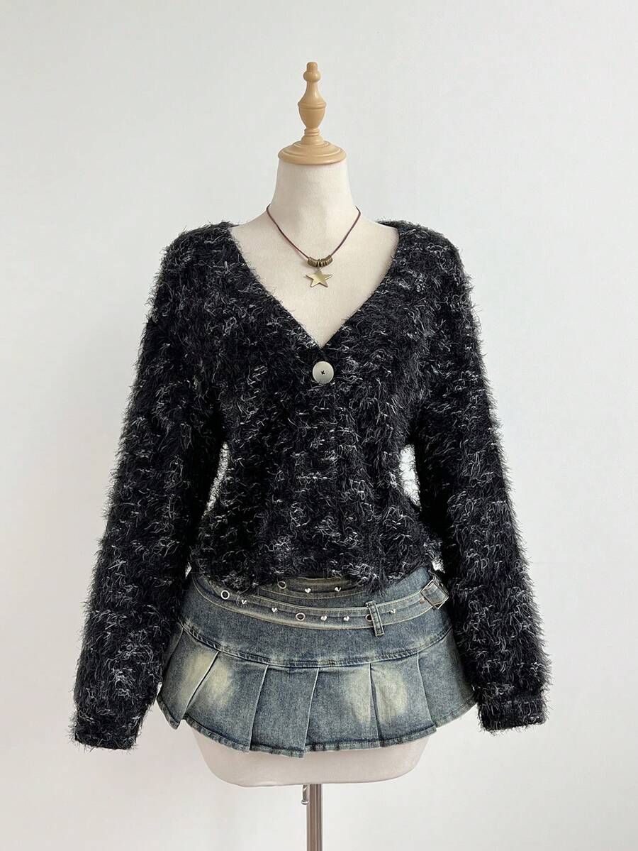 Elamini 粉色美拉德羽毛绒毛女士休闲针织开衫毛衣 - 黑色 - 查看 1