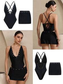 Swim SXY 2026新款春夏连体泳衣，性感纯色紧身泳装，五孔设计，欧美风格 - 黑色 - 查看 3