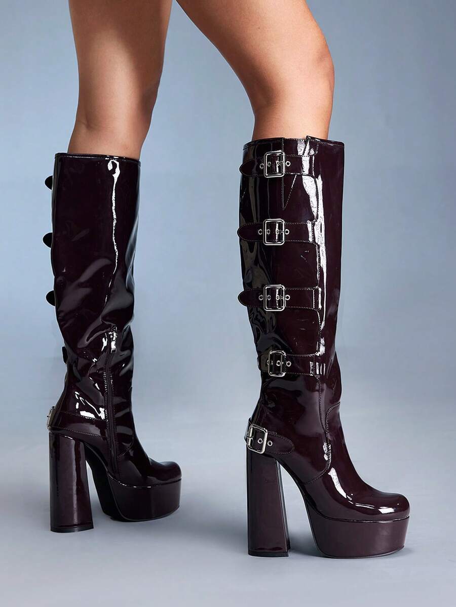 CUCCOO GRLICON 女士过膝长靴，Y2K风格，朋克摇滚，机车风，酷女孩穿搭，适合万圣节、圣诞节、派对、感恩节、新年等场合 - 棕色 - 查看 1