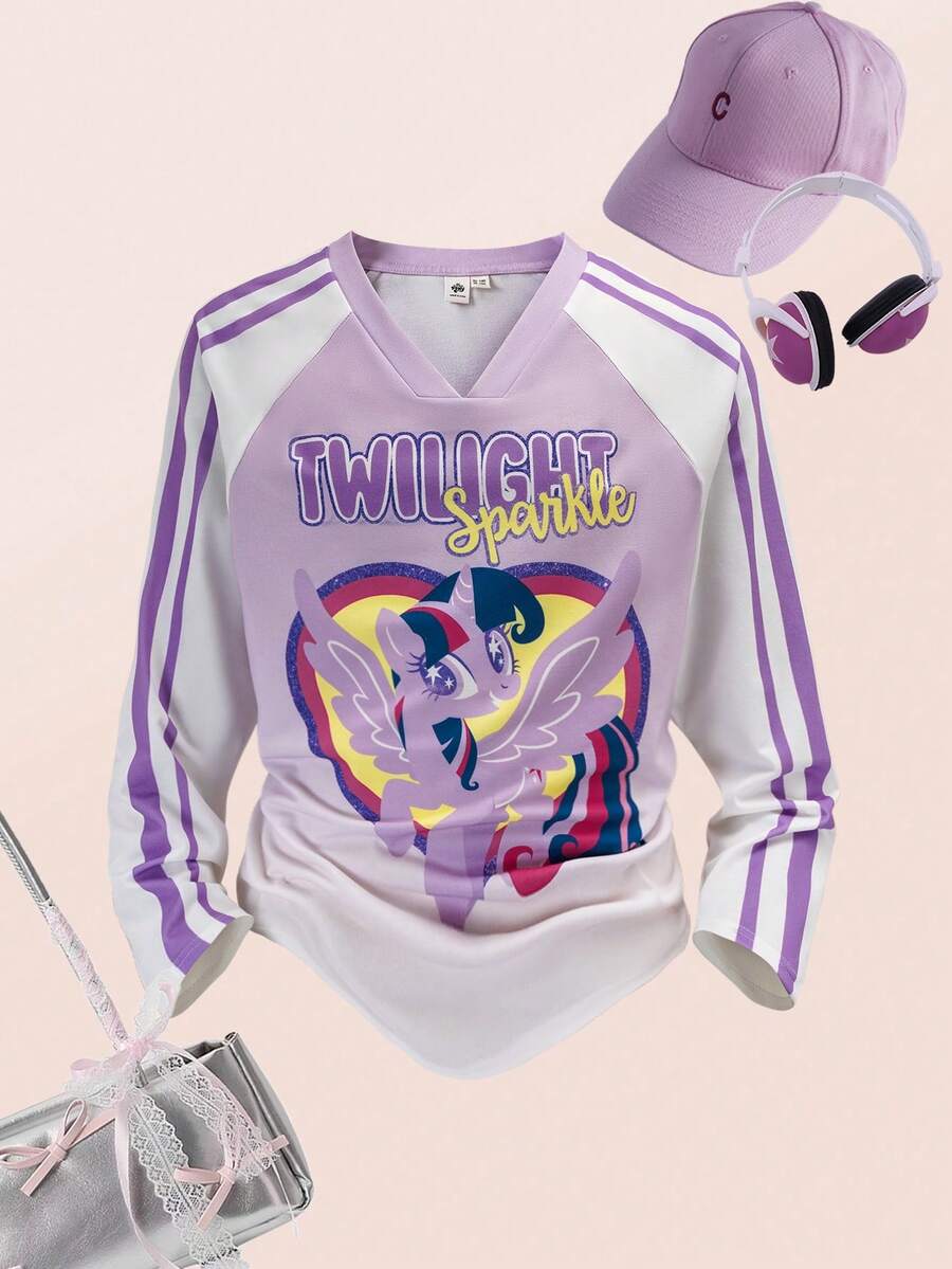 My Little Pony X SHEIN Áo thun tay dài cổ chữ V họa tiết trái tim đính đá Ombre hoạt hình cho bé gái tuổi mới lớn - Màu tím - Xem 1