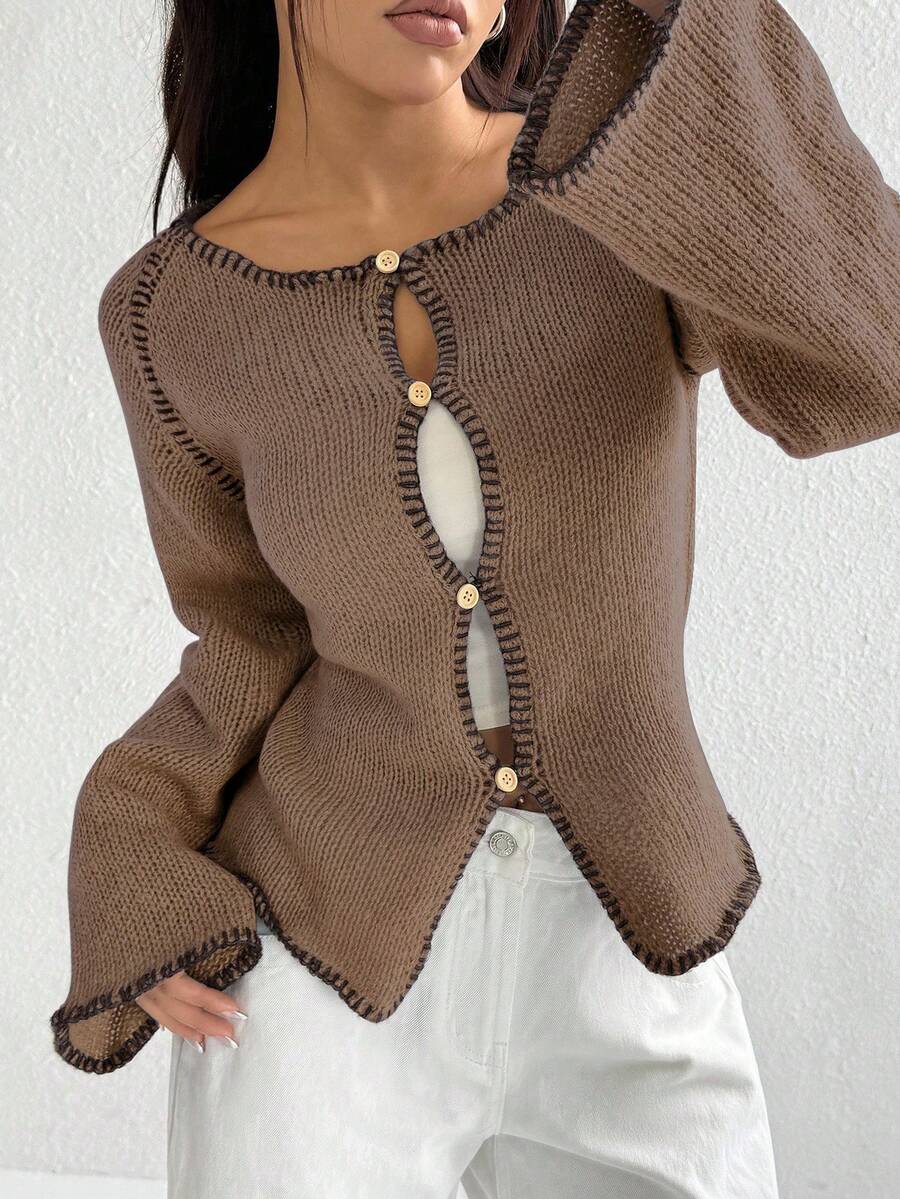 Jeanoix Áo khoác cardigan tay chuông viền màu tương phản thường ngày dành cho nữ, Thu/Đông - màu nâu - Xem 1