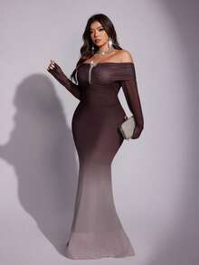 Viva Relle Elegantes figurbetontes Kleid mit Schulterausschnitt, Farbverlauf-Effekt und Meerjungfrauensaum für Große Größen, Weihnachtsrot für Partys - Kaffeebraun - Übersicht 6