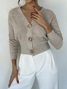 Firerie New Simple And Fashionable Office Commuting Deep V Neck Long Sleeve Slim Button Cardigan, Versatile Casual Knitted Sweater In Fall/Winter - Khaki - View 3