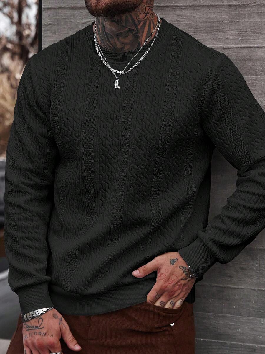 Manfinity Homme 男士纯色圆领长袖休闲套头卫衣 - 黑色 - 查看 1