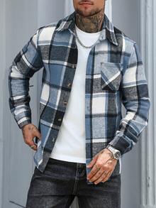 Manfinity Homme Plaid Front Button Casual Everyday Long Sleeve Shacket - Blue - View 3