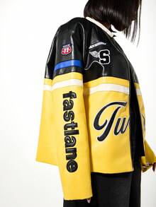 SUMWON WOMEN Racing Inspired Varsity Jacket With Contrast Sleeves And Number Badge Detail Moto Style Zip Front Outerwear - Multicolor - View 7