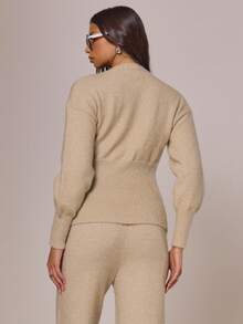 MUSERA Cinched Waist Split Hem Vneck Button Through Knitted Cardigan Autumn Winter Cottage Core Cute Cosy Holidays Country Calling - Camel - View 4