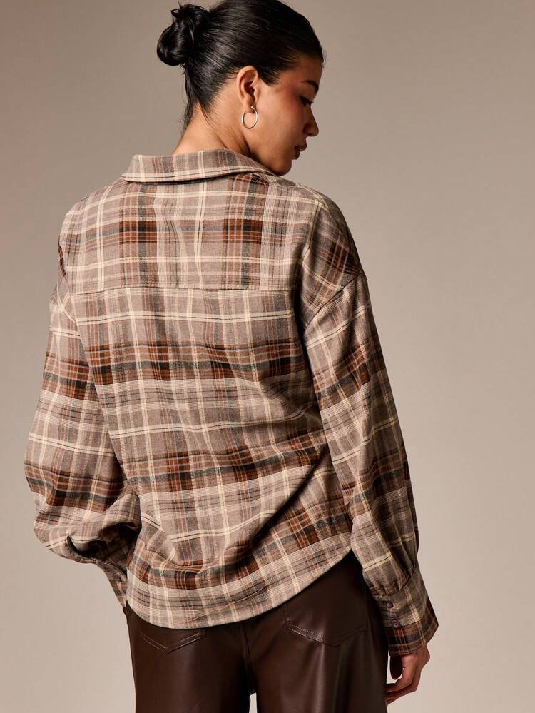 Plaid Button Down Blouse With Tie Belt