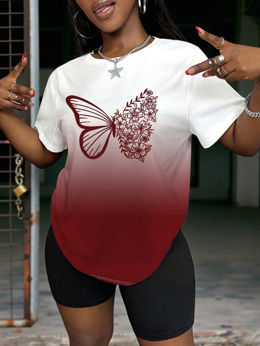 BamGleam تي شرت نسائي كاجوال مزخرف برسم فراشة، بسيط وأنيق، مناسب للصيف - متعدد الألوان - مشاهدة 1