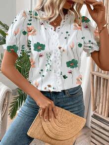 EMERY ROSE Women's Casual Floral Print Puff Sleeve Blouse, Summer - Green - View 4