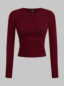 SHEIN EZwear 女士多色基础款修身针织T恤 - 酒紅色 - 查看 3