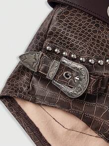 ROMWE Spring/Summer Hippie Retro Crocodile Skin Print Music Festival Women Super Short Shorts - Brown - View 4