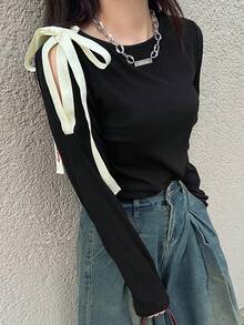 FRIFUL Women's Contrast Color Round Neck Hollow Shoulder Tie Bow Long Sleeve Slim Fit Versatile T-Shirt, Autumn/Winter - Black - View 6