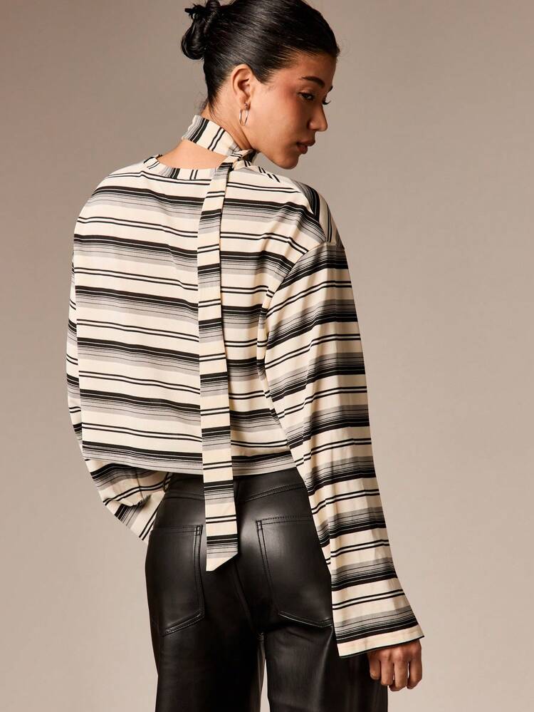 Striped Long Sleeve Cropped Top With Neck Tie