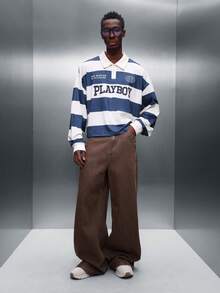 PLAYBOY X SUMWON Crop Fit Men Long Sleeve Striped Rugby Polo Shirt With Logo Print Casual Collar Button Placket Top - Blue and White - View 3