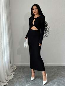 Islaluna Hollow Out Sexy Fitted Solid Color Fashionable Long Sleeve Dress Black Cut Out Dress Hollow Out Dress Black Sexy Dress Women - Black - View 3