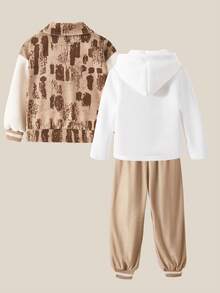 3pcs Toddler Boys Outfit Set: White Hoodie Sweatshirt With Letter Print, Long Sleeve Contrast Jacket With Zipper Closure, Khaki Casual Pants, Fashionable Sporty Style Suitable For Autumn/Winter Outings, Vacation, Shopping - Khaki - View 2