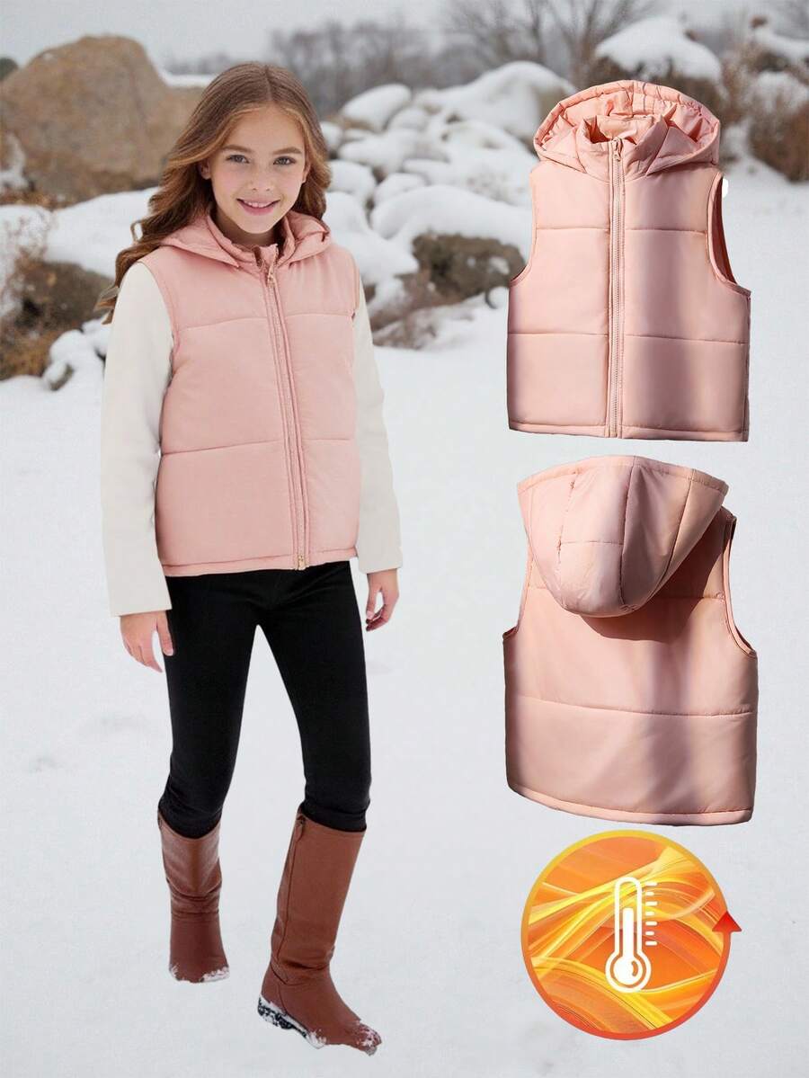 Vestă fără mâneci, cu guler înalt, casual, din bumbac, roz, toamnă/iarnă, pentru fete preadolescente - Roz - Vizualizare 1