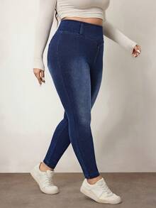 大码纯色拼色休闲弹力针织牛仔裤 - 深色水洗藍 - 查看 6