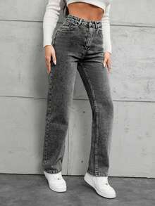 EURMUSE 100%Cotton Slant Pocket Straight Leg Jeans - Black - View 4