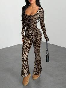 SHEIN PETITE Women's Autumn Leopard Print Square Neck Long Sleeve Flared Fashion Jumpsuit ,Petite Women - Brown - View 4