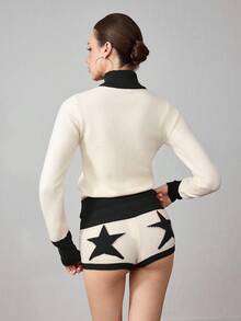 ROMWE Avant 2pcs Y2K Sporty Retro Numeral Cardigan & Shorts Set For Women - Apricot - View 2