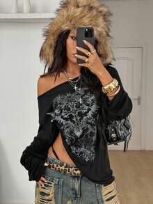 Coolane 女式春季哥特垃圾摇滚 Y2K 丘比特图案舒适不对称领口露肩长袖 T 恤，X Rafael Machado