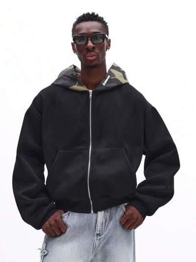 Full Zip Hoodie With Camo Hood Lining