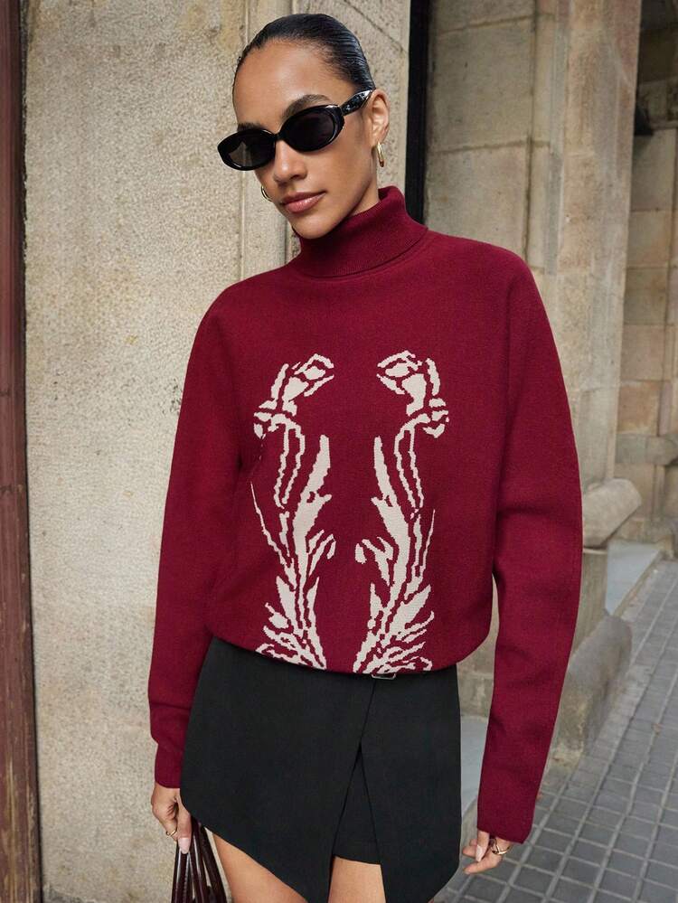 SHEIN Maija 2025 Autumn/Winter Women Floral Jacquard Sweater, Summer Tops, Christmas Jumper, Christmas For Women, Christmas Sweater Women, New Year, For New Year, Women's Thanksgiving Jumper, For Women, Holiday For Women, Holiday, Vacation For Women