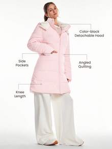 GLOWMODE Chic In Warmth Blizzard Flex Matte Soft Cozy Insulating Zipper Snap Button Closure Pockets Detachable Hood Hip-To-Mid-Knee Length Puffer Jacket Autumn Winter Outdoors Daily Casual Wear - Baby Pink - View 2