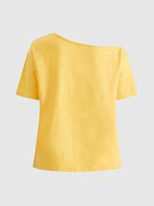 Teletubbies X ROMWE Spring/SummergraphicWomen's Casual Everyday Commute Fashion Cute Cartoon Letter Print Asymmetrical Neck Loose T-Shirt, Summer - Yellow - View 2