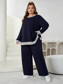 SHEIN CURVE+ 大码女式休闲蓝色撞色连帽衫和运动裤套装，带口袋，秋冬/2026/新年款 - 藏蓝色 - 查看 3