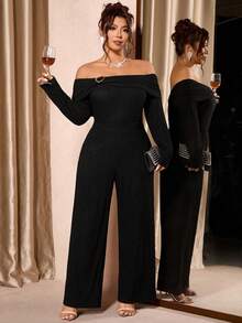 Cravure Plus Size Women Metal Decor Off-Shoulder Long Sleeve Top And Wide Leg Pants Fashionable 2 Pieces Set - Black - View 1