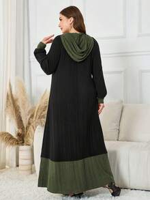 Al Najma Vestido largo casual y versátil de tela de felpa con bloqueo de color, cremallera decorativa y capucha, de alta gama y sofisticado, para mujer, talla grande, adecuado para uso en el hogar, otoño/invierno - Multicolor - Ver 2