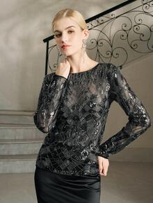 Anewsta Women's Long Sleeve Vintage Coin Design Beaded & Sequin Embellished Elegant Party Top, Suitable For Halloween - Black - View 5