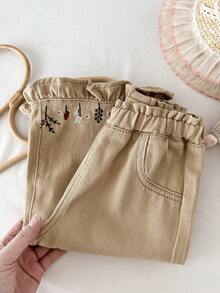 LMoss Kids Baby Girl Floral Embroidered Loose Khaki Denim Pants,Fall Clothes,Winter Clothing ,Casual And Fashionable Vacation Outfits,2000s Style  ,Christmas Clothing ,Winter Denim Bottom, Khaki Bottom,Girl Vintage  Clothing,Girl Vintage  Pants