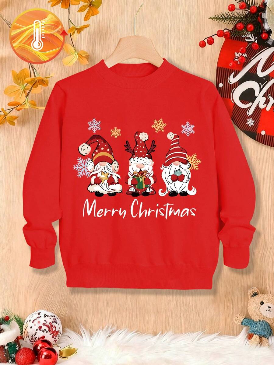 1pc Cute Christmas Dwarf With Santa Hat Print Girls Sweater, Red, Suitable For Christmas Party, Autumn/Winter - Red - View 1