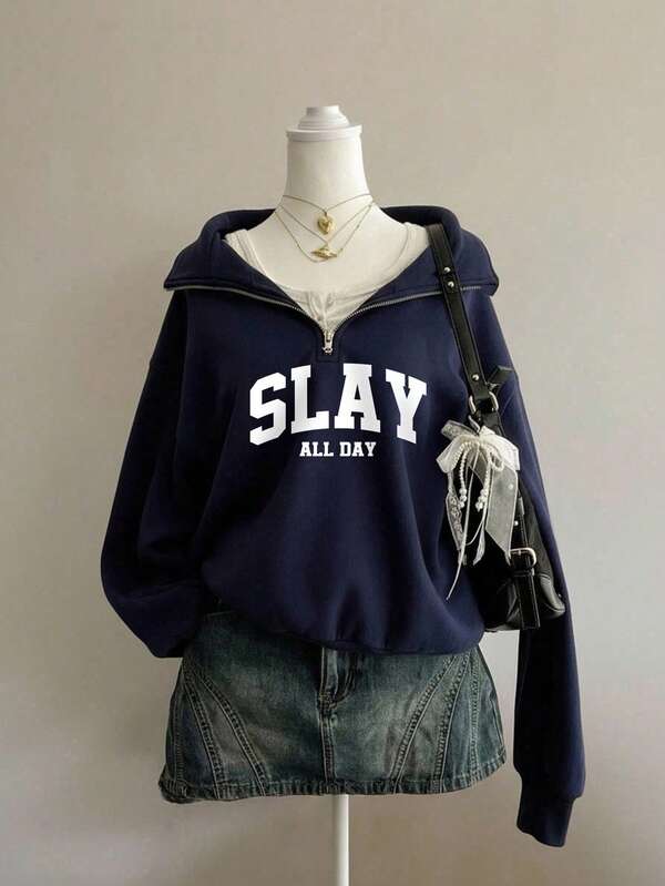 Sparklyn Sweat-shirt vintage à demi-zip avec imprimé "SLAY ALL DAY" pour adolescentes, pull ample et confortable pour l'automne et l'hiver